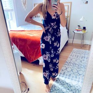 Navy Blue Floral Jumpsuit with Pockets, size M